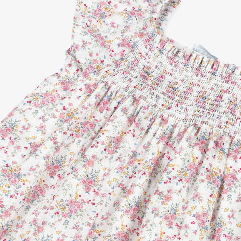Tutto Piccolo-Girls Ivory & Pink Floral Cotton Dress with Shirred Bodice | Childrensalon