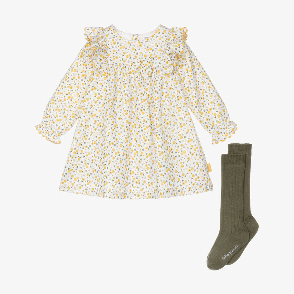 Tutto Piccolo-Girls Ivory & Yellow Floral Print Cotton Dress Set | Childrensalon