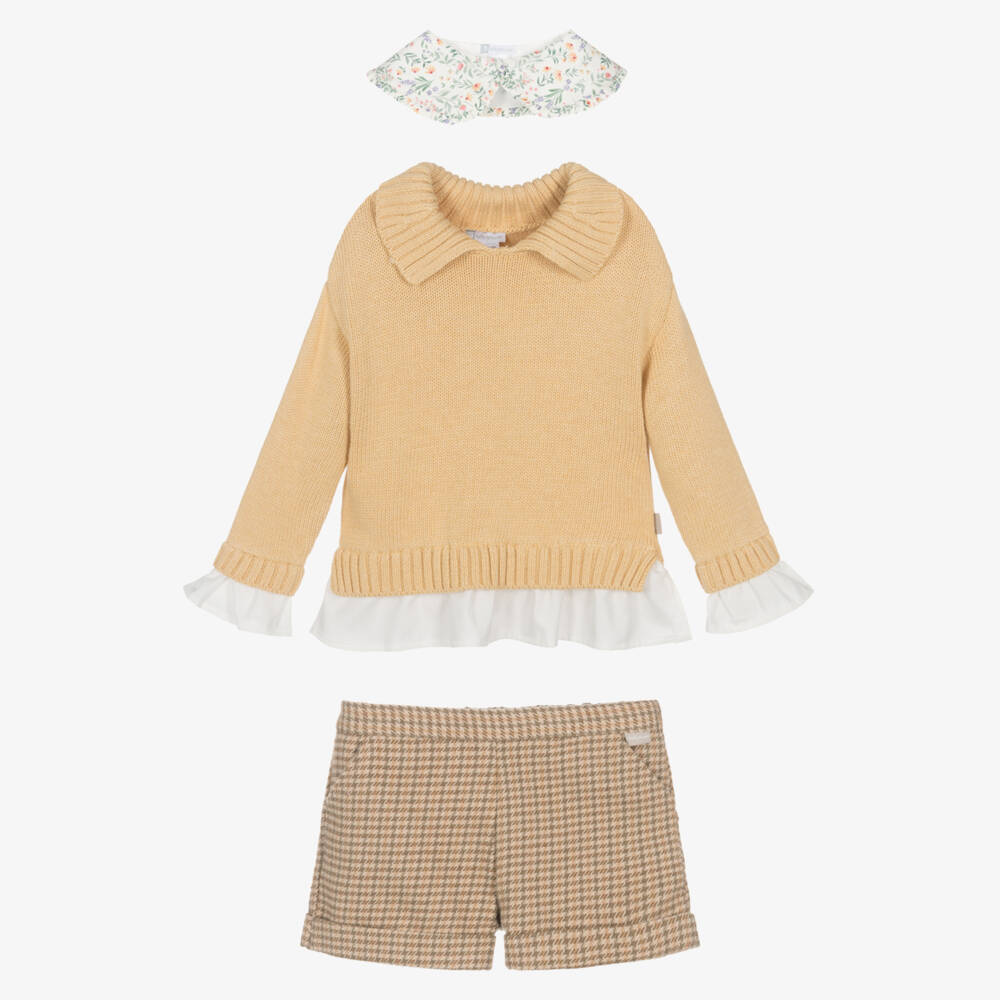 Tutto Piccolo-Girls Mustard Yellow Sweater & Beige Shorts Set with Tights | Childrensalon