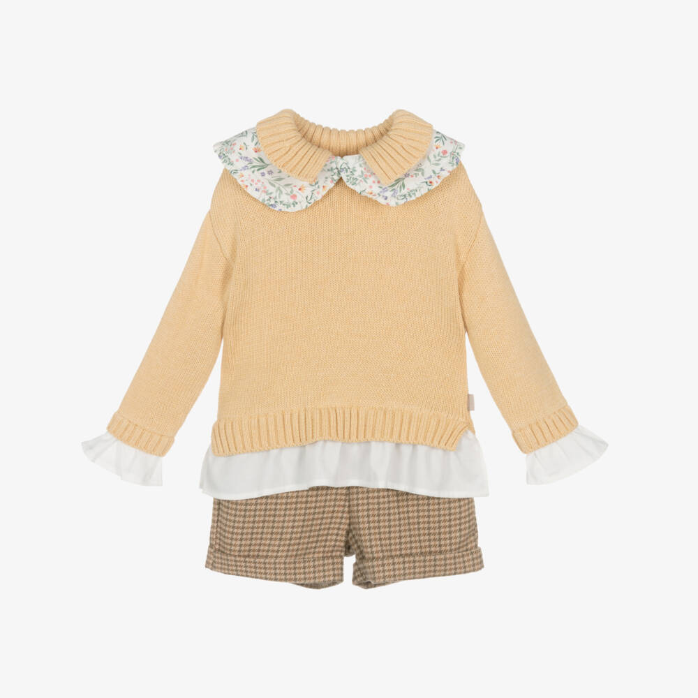 Tutto Piccolo-Girls Mustard Yellow Sweater & Beige Shorts Set with Tights | Childrensalon