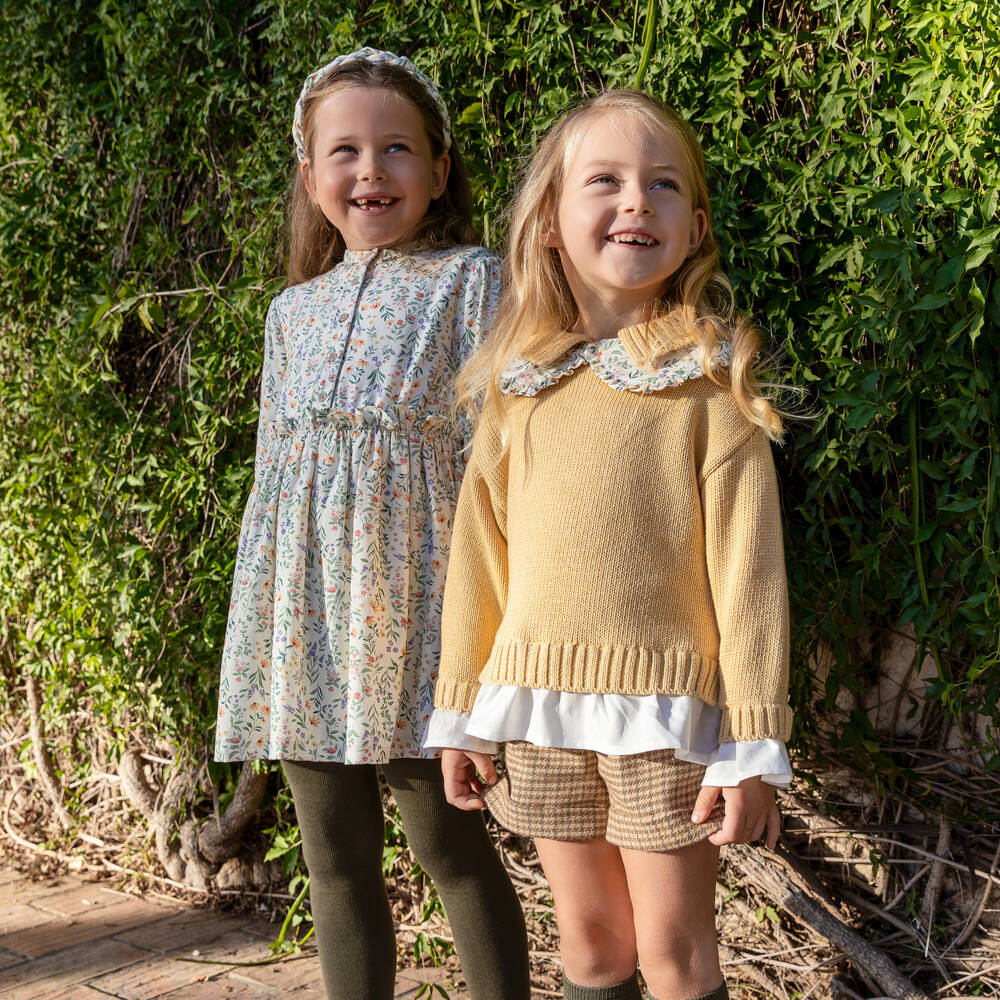 Tutto Piccolo-Girls Mustard Yellow Sweater & Beige Shorts Set with Tights | Childrensalon