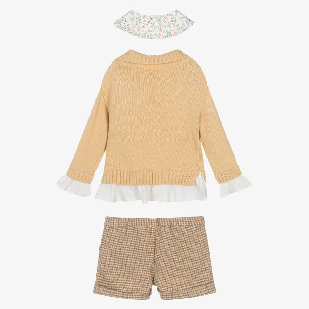 Tutto Piccolo-Girls Mustard Yellow Sweater & Beige Shorts Set with Tights | Childrensalon