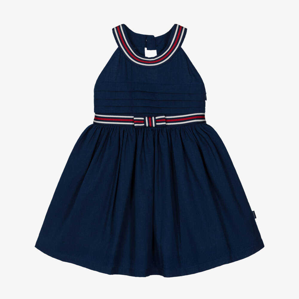 Tutto Piccolo-Girls Navy Blue Sleeveless Cotton Dress with Striped Trim | Childrensalon