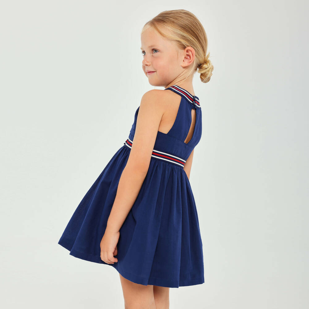Tutto Piccolo-Girls Navy Blue Sleeveless Cotton Dress with Striped Trim | Childrensalon