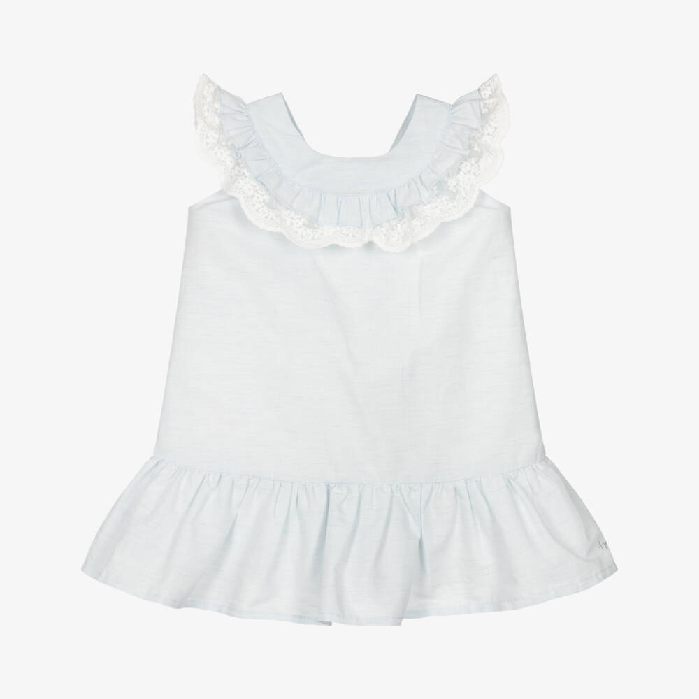 Tutto Piccolo-Girls Pale Blue Sleeveless Dress with Lace Ruffle  | Childrensalon
