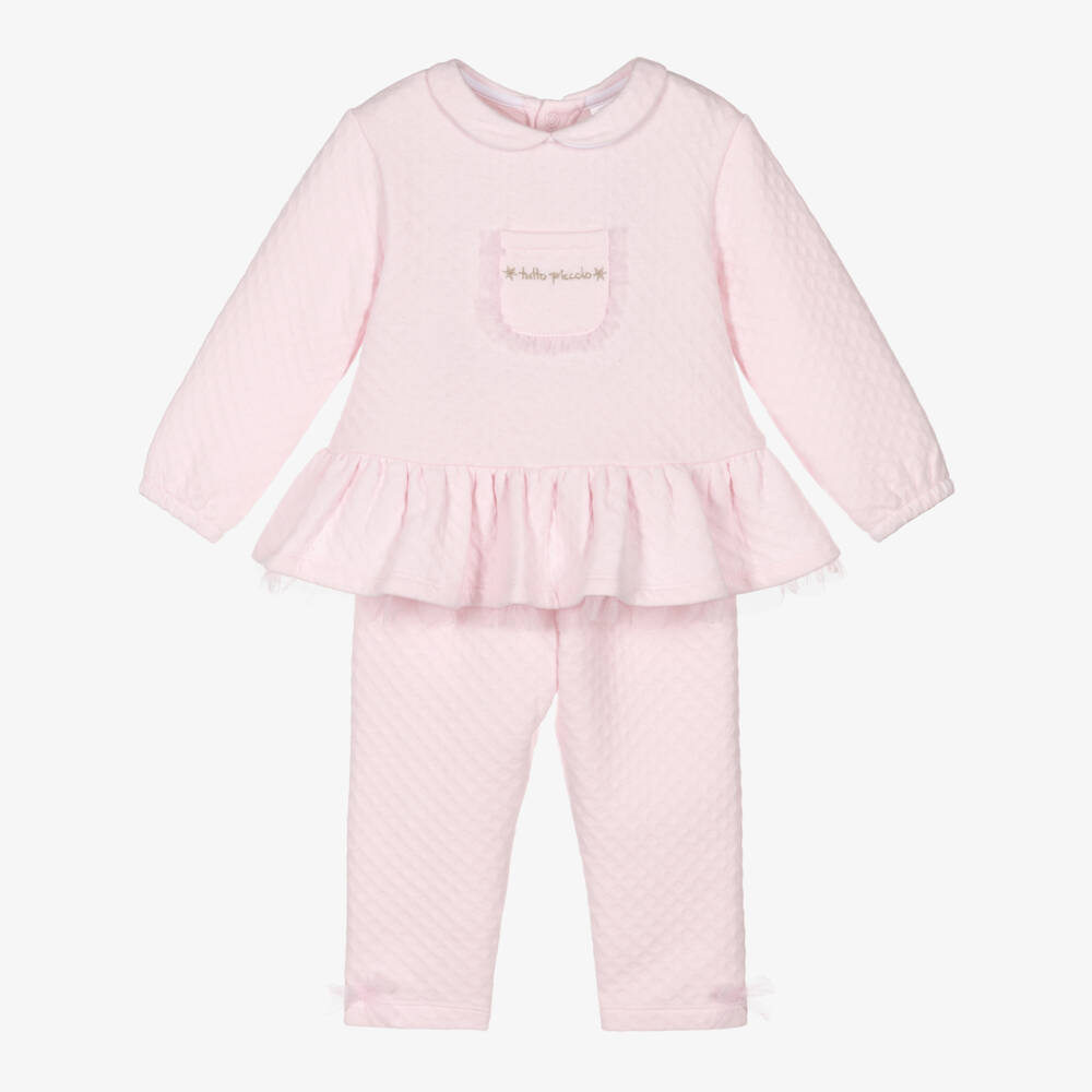 Tutto Piccolo-Girls Pale Pink Quilted Jersey Leggings Set with Ruffle Trims | Childrensalon