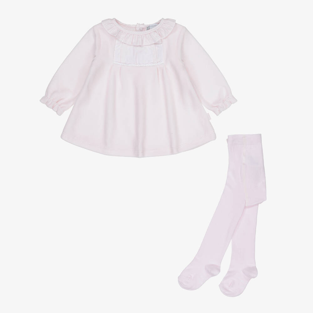 Tutto Piccolo-Girls Pale Pink Velour Dress & Knitted Tights Set | Childrensalon