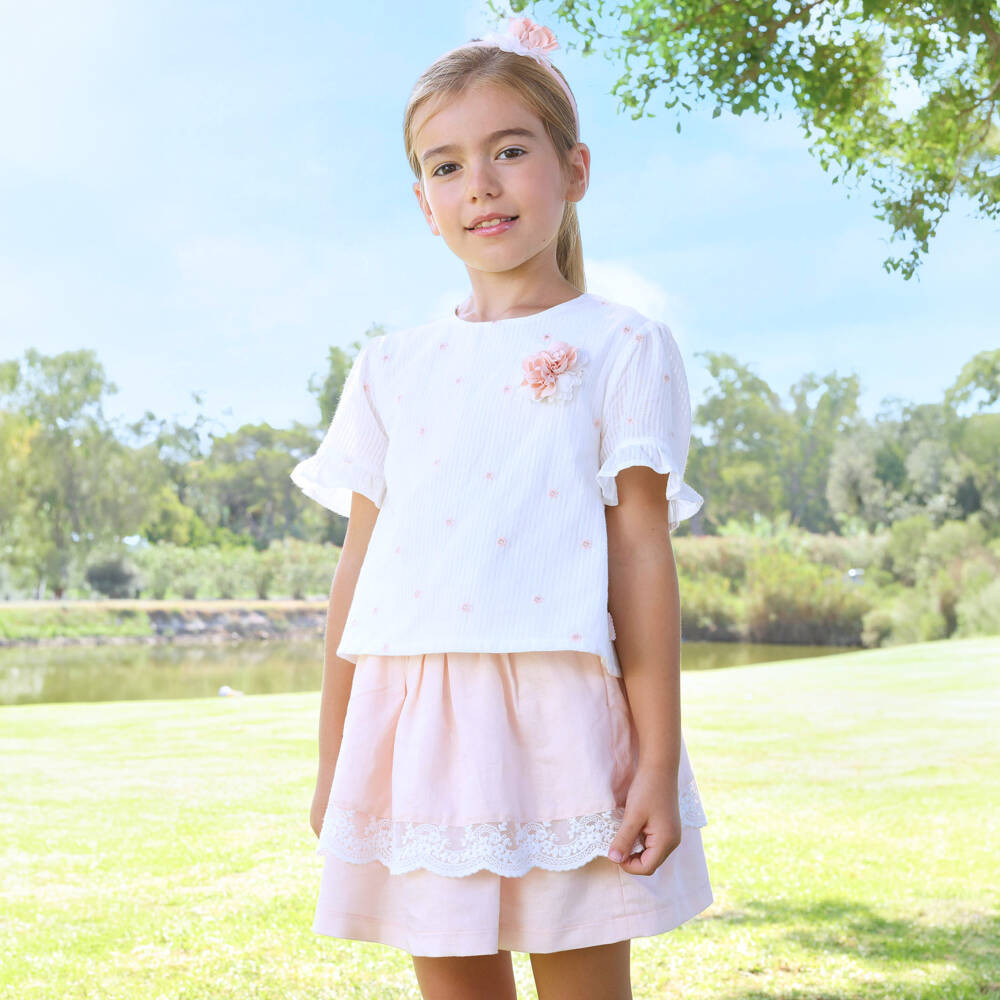 Tutto Piccolo-Girls Peach Pink Cotton & Linen Skirt Set with Lace Trim | Childrensalon