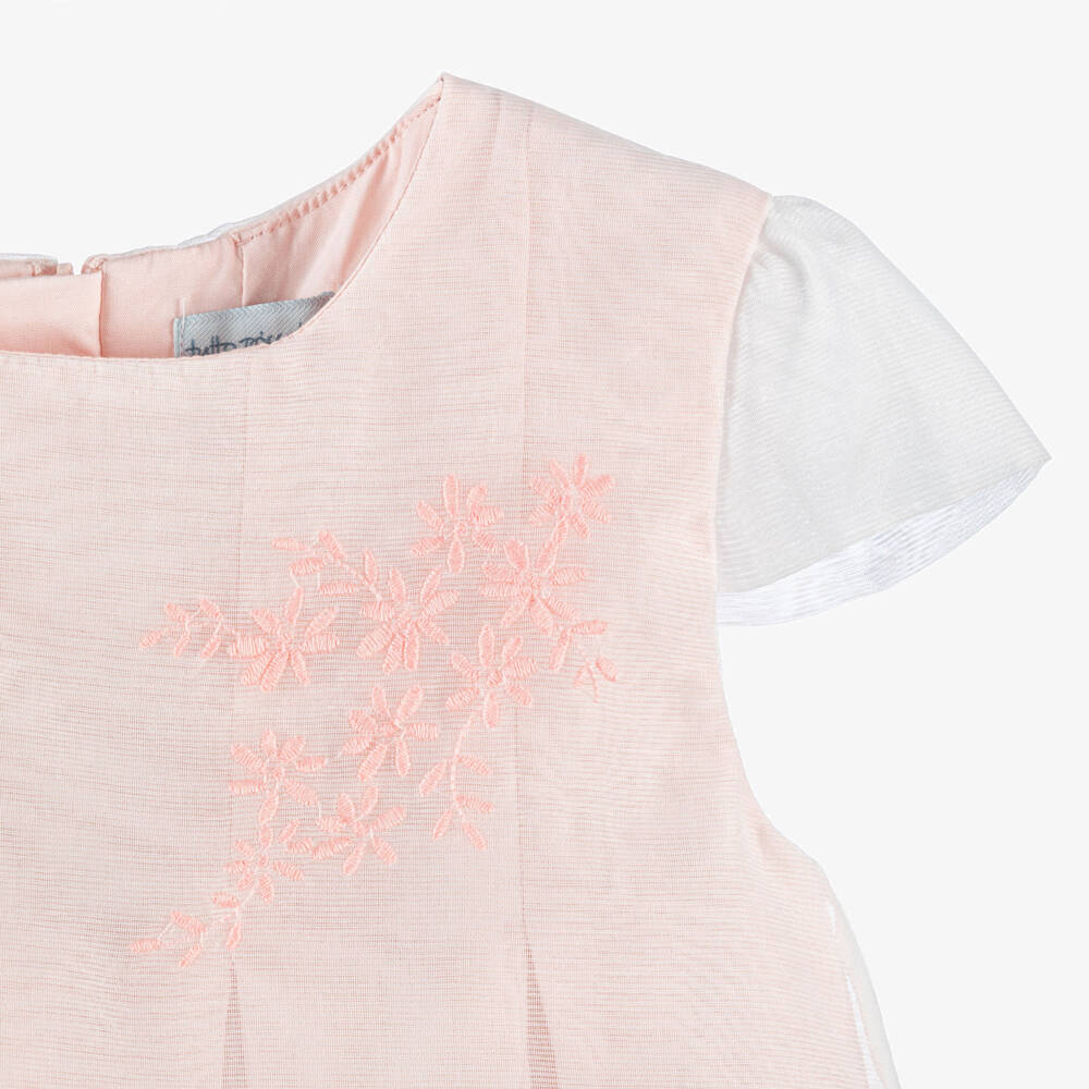 Tutto Piccolo-Girls Peach Pink Dress with Embroidered Sheer Overlay | Childrensalon