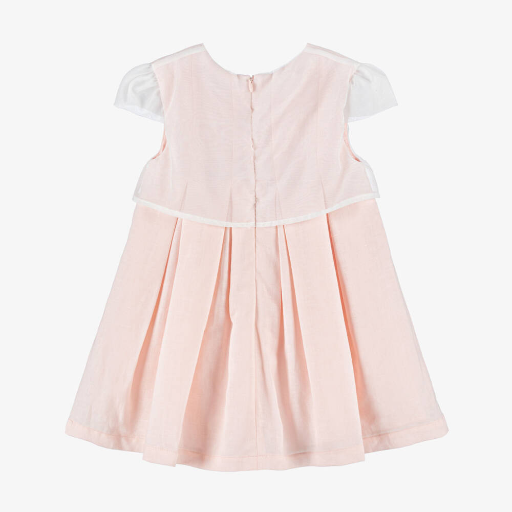 Tutto Piccolo-Girls Peach Pink Dress with Embroidered Sheer Overlay | Childrensalon