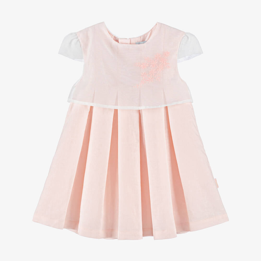 Tutto Piccolo-Girls Peach Pink Dress with Embroidered Sheer Overlay | Childrensalon
