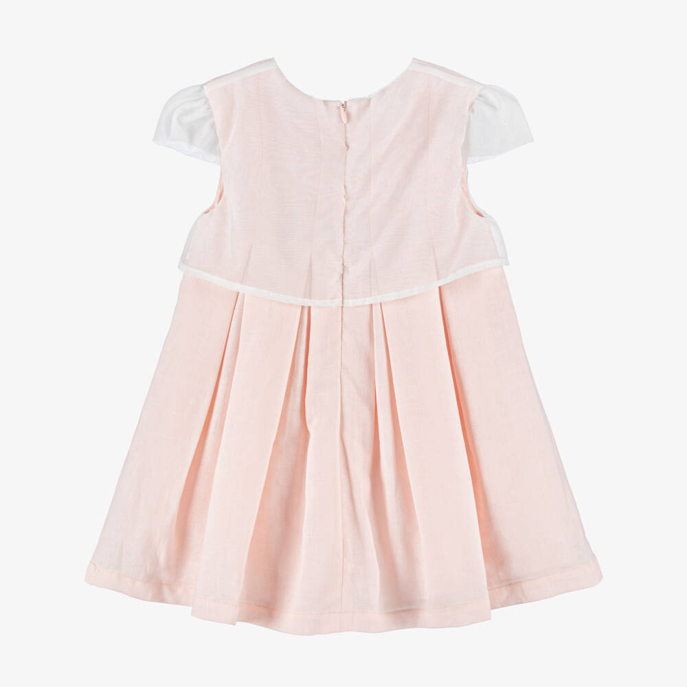 Tutto Piccolo-Girls Peach Pink Dress with Embroidered Sheer Overlay | Childrensalon