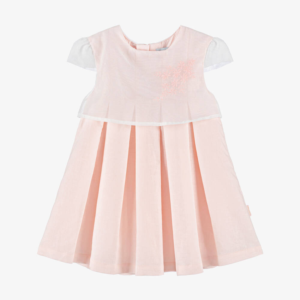 Tutto Piccolo-Girls Peach Pink Dress with Embroidered Sheer Overlay | Childrensalon