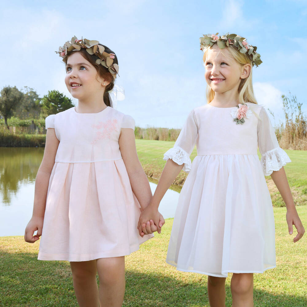 Tutto Piccolo-Girls Peach Pink Dress with Embroidered Sheer Overlay | Childrensalon