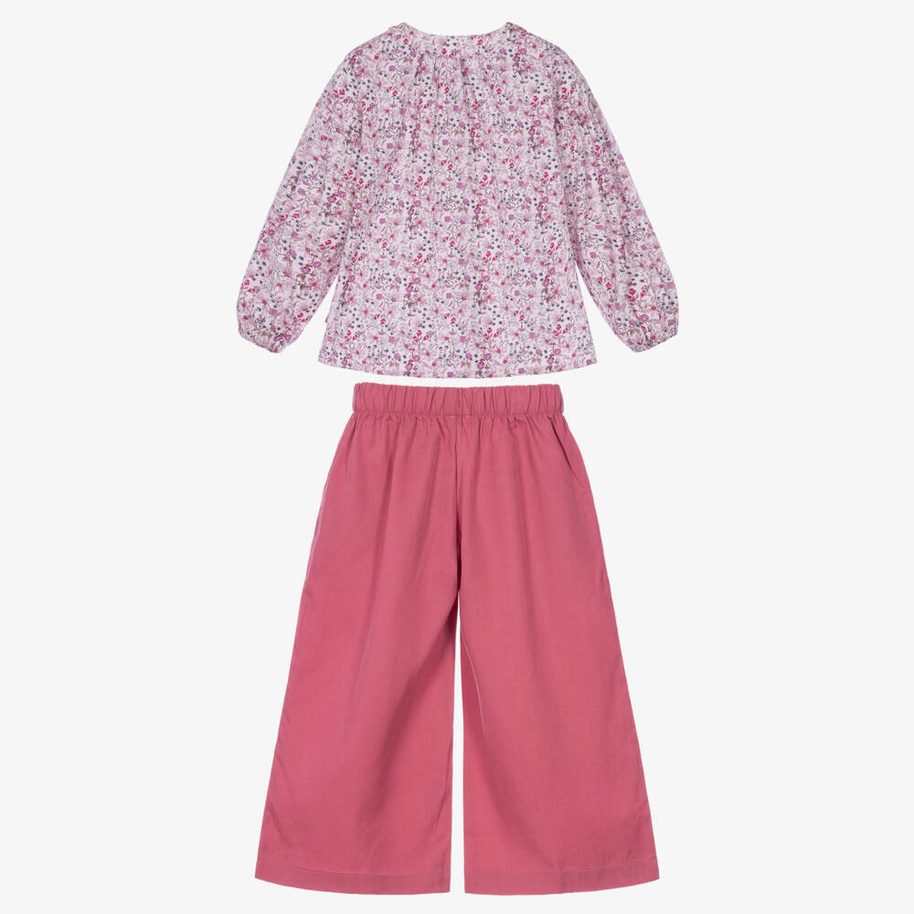 Tutto Piccolo-Girls Pink Floral Blouse & Wide-Leg Trouser Set | Childrensalon