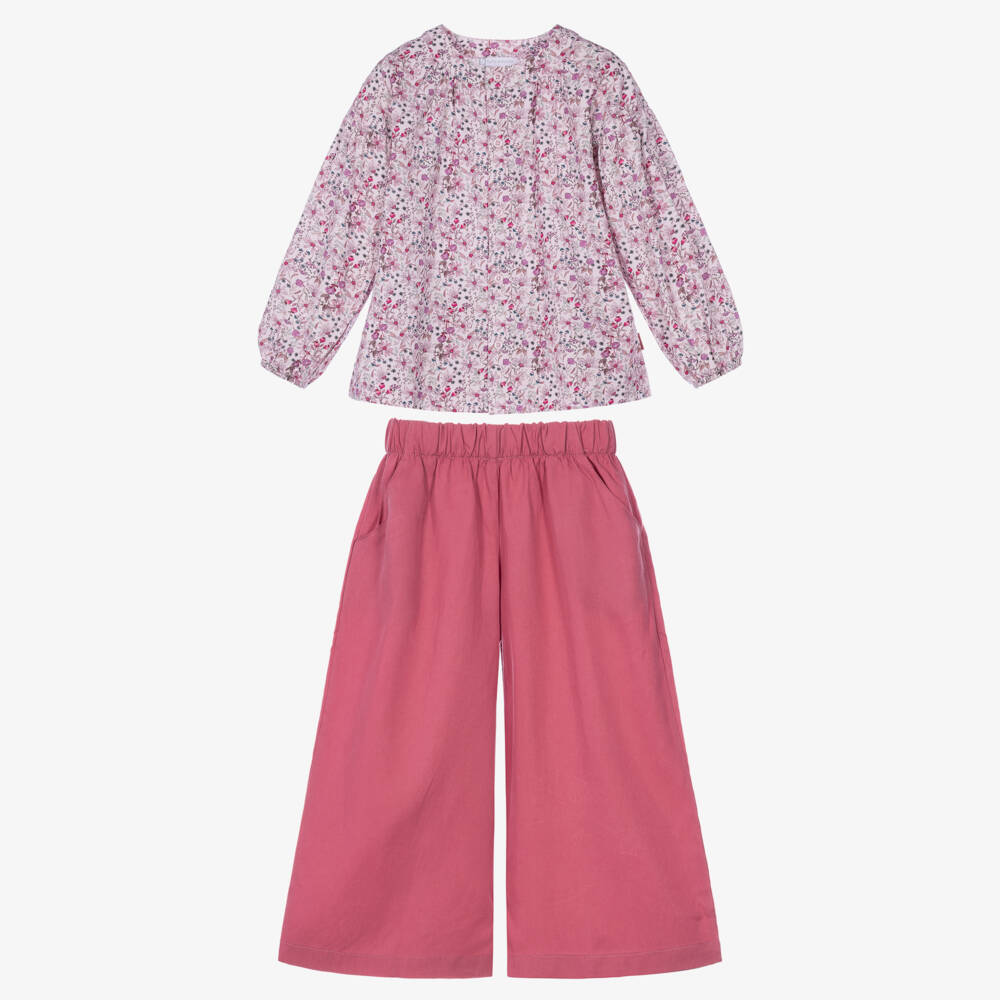 Tutto Piccolo-Girls Pink Floral Blouse & Wide-Leg Trouser Set | Childrensalon