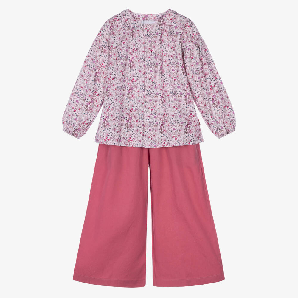 Tutto Piccolo-Girls Pink Floral Blouse & Wide-Leg Trouser Set | Childrensalon