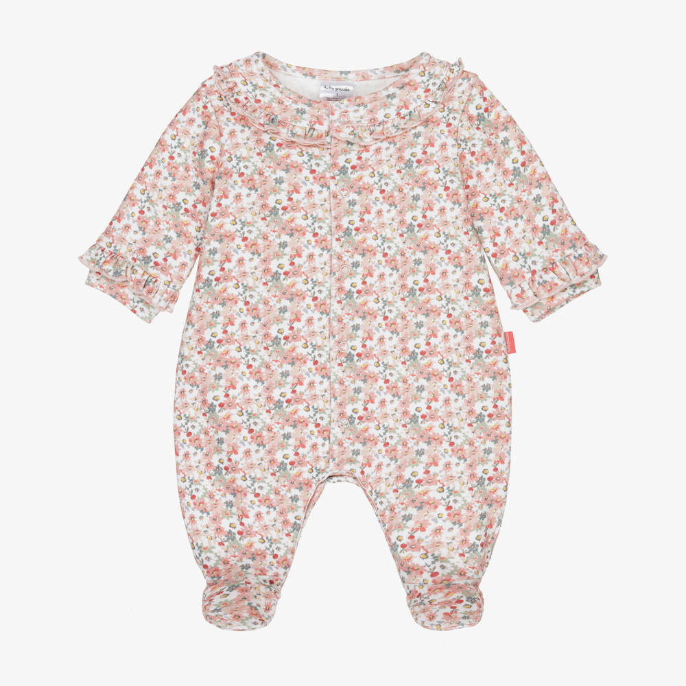 Tutto Piccolo-Girls Pink Floral Cotton Jersey Babygrow | Childrensalon