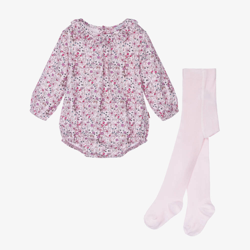 Tutto Piccolo-Girls Pink Floral Shortie & Tights Set | Childrensalon
