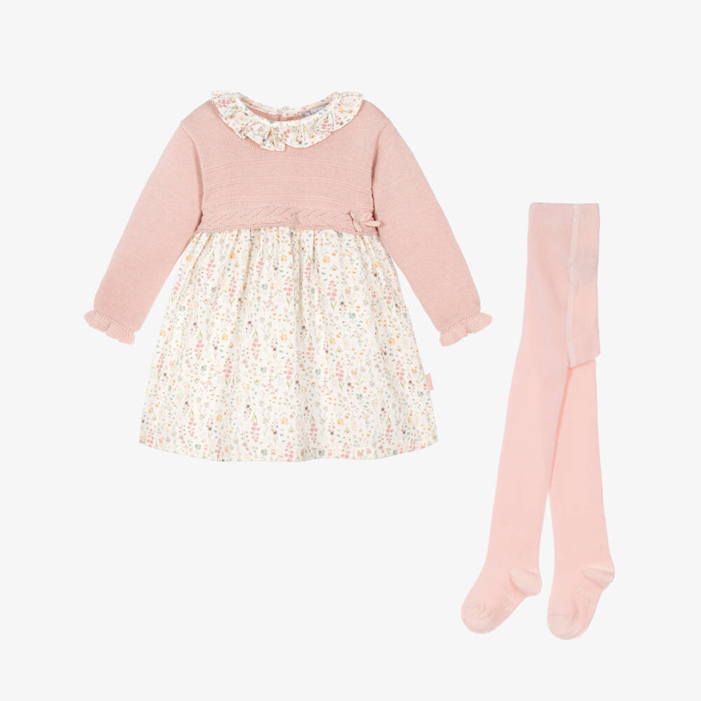 Tutto Piccolo-Girls Pink Knit & Floral Dress Set with Tights | Childrensalon