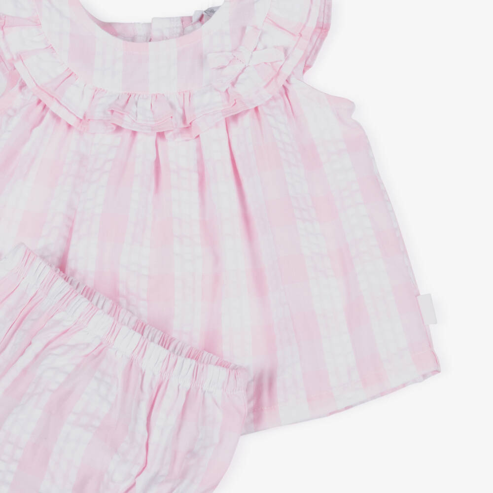 Tutto Piccolo-Girls Pink & White Stripe Gingham Seersucker Dress | Childrensalon