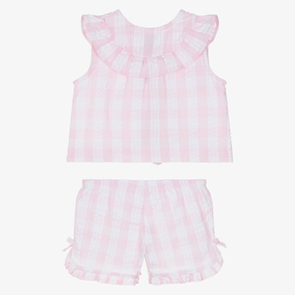 Tutto Piccolo-Girls Pink & White Stripe Gingham Seersucker Shorts Set | Childrensalon