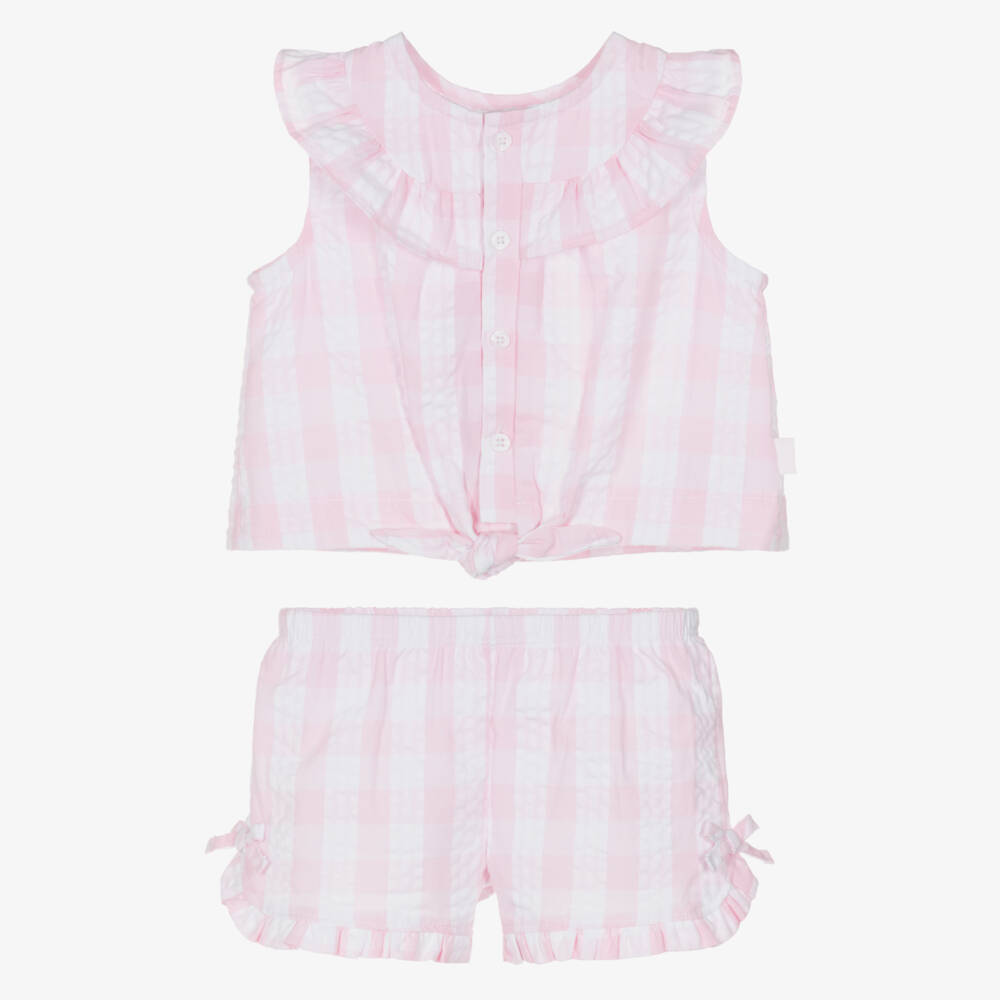 Tutto Piccolo-Girls Pink & White Stripe Gingham Seersucker Shorts Set | Childrensalon