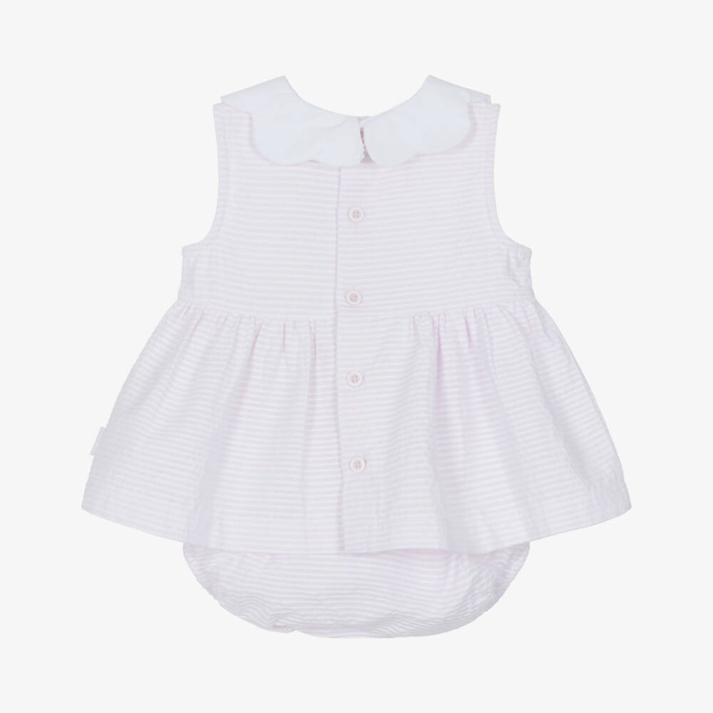 Tutto Piccolo-Girls Pink & White Stripe Seersucker Dress with Scalloped Collar | Childrensalon