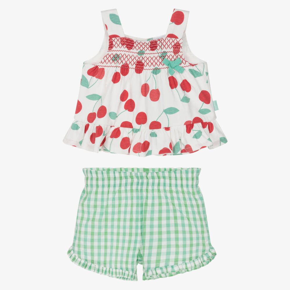 Tutto Piccolo-Girls Red Cherry Print & Green Gingham Shorts Set | Childrensalon