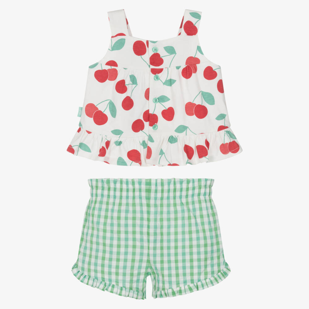 Tutto Piccolo-Girls Red Cherry Print & Green Gingham Shorts Set | Childrensalon