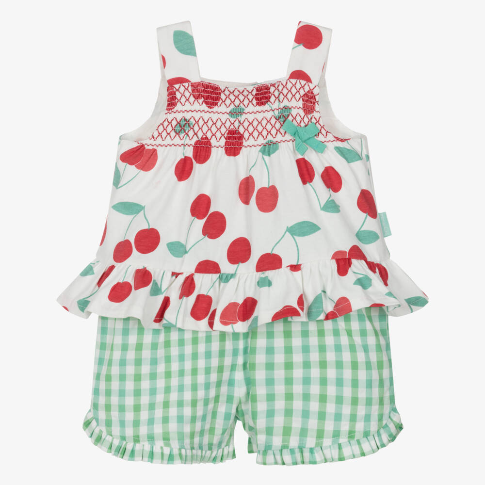Tutto Piccolo-Girls Red Cherry Print & Green Gingham Shorts Set | Childrensalon