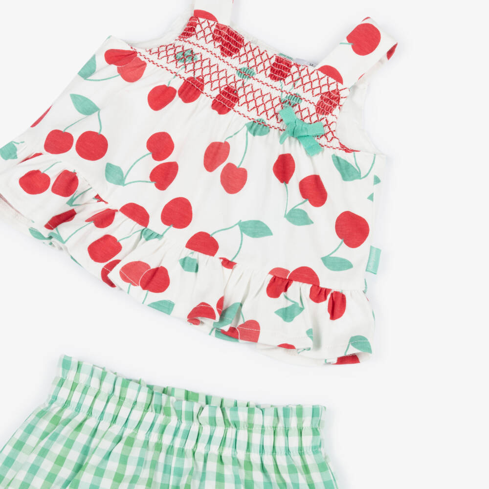 Tutto Piccolo-Girls Red Cherry Print & Green Gingham Shorts Set | Childrensalon