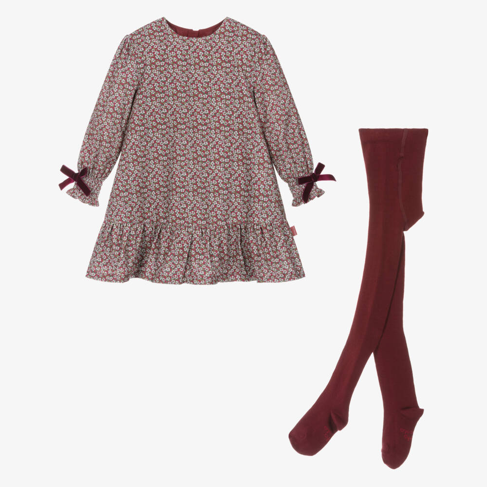 Tutto Piccolo-Girls Red Floral Needlecord Dress Set | Childrensalon