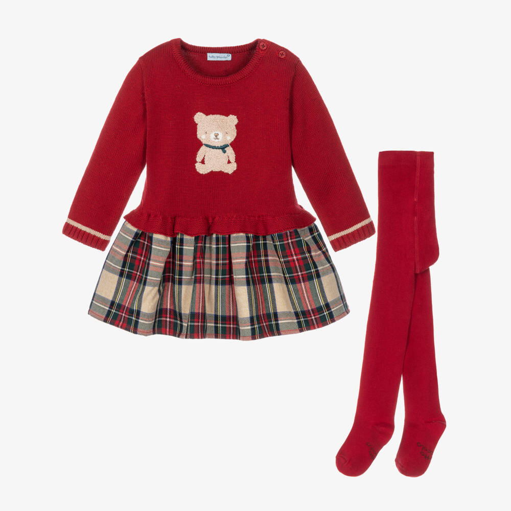 Tutto Piccolo-Girls Red Knit & Tartan Dress Set | Childrensalon