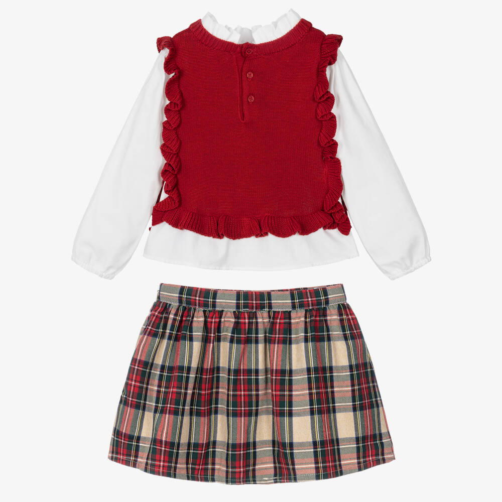 Tutto Piccolo-Girls Red Tartan Check Skirt Set | Childrensalon