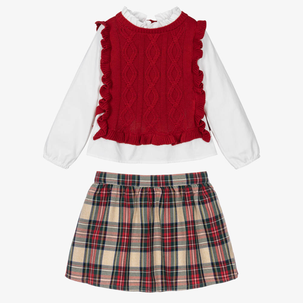 Tutto Piccolo-Girls Red Tartan Check Skirt Set | Childrensalon