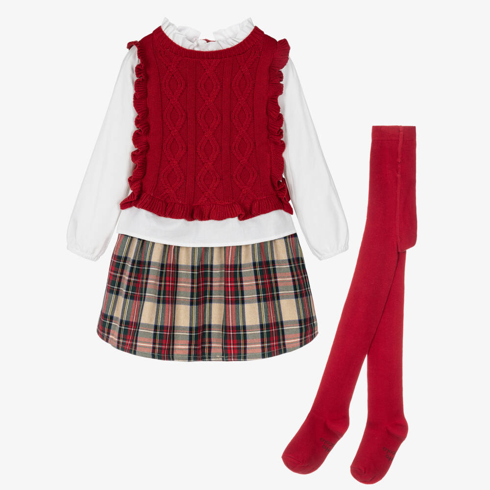 Tutto Piccolo-Girls Red Tartan Check Skirt Set | Childrensalon