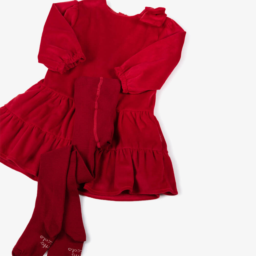 Tutto Piccolo-Платье красное велюровое с бантом и колготки для девочек | Childrensalon