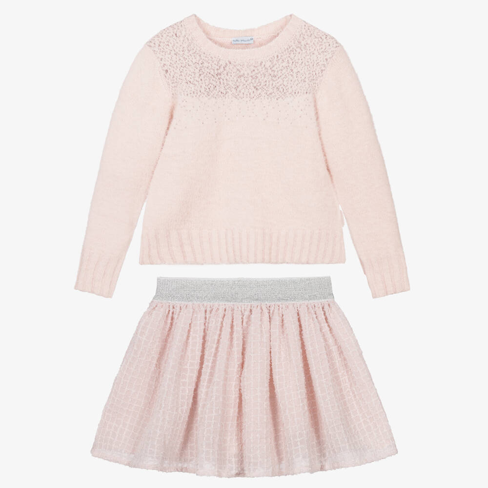 Tutto Piccolo-Girls Shimmery Pink Sweater & Skirt Set | Childrensalon