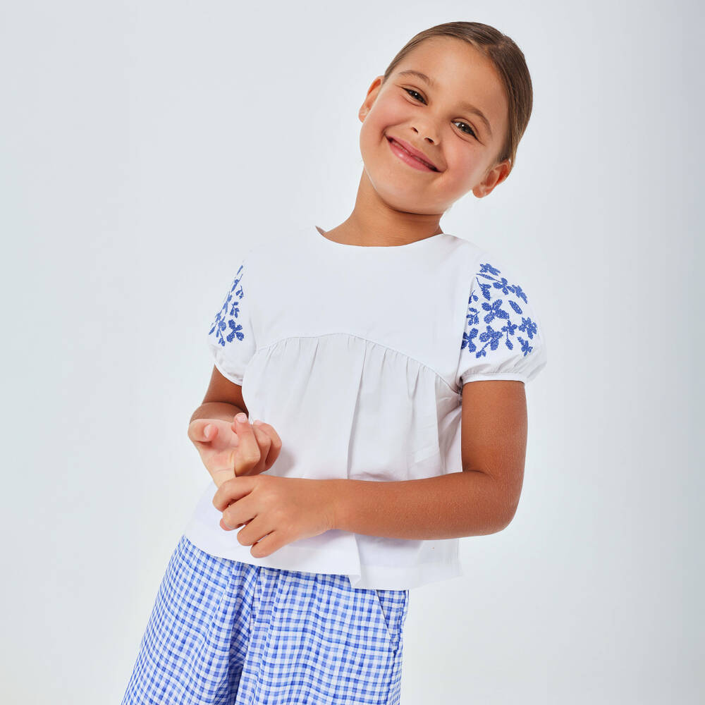 Tutto Piccolo-Girls White Blouse & Blue Gingham Trouser Set | Childrensalon
