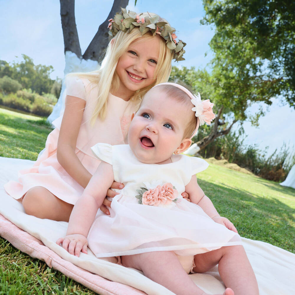 Tutto Piccolo-Girls White & Peach Pink Dress with Floral Corsage | Childrensalon