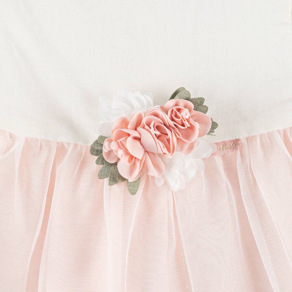 Tutto Piccolo-Girls White & Peach Pink Dress with Floral Corsage | Childrensalon