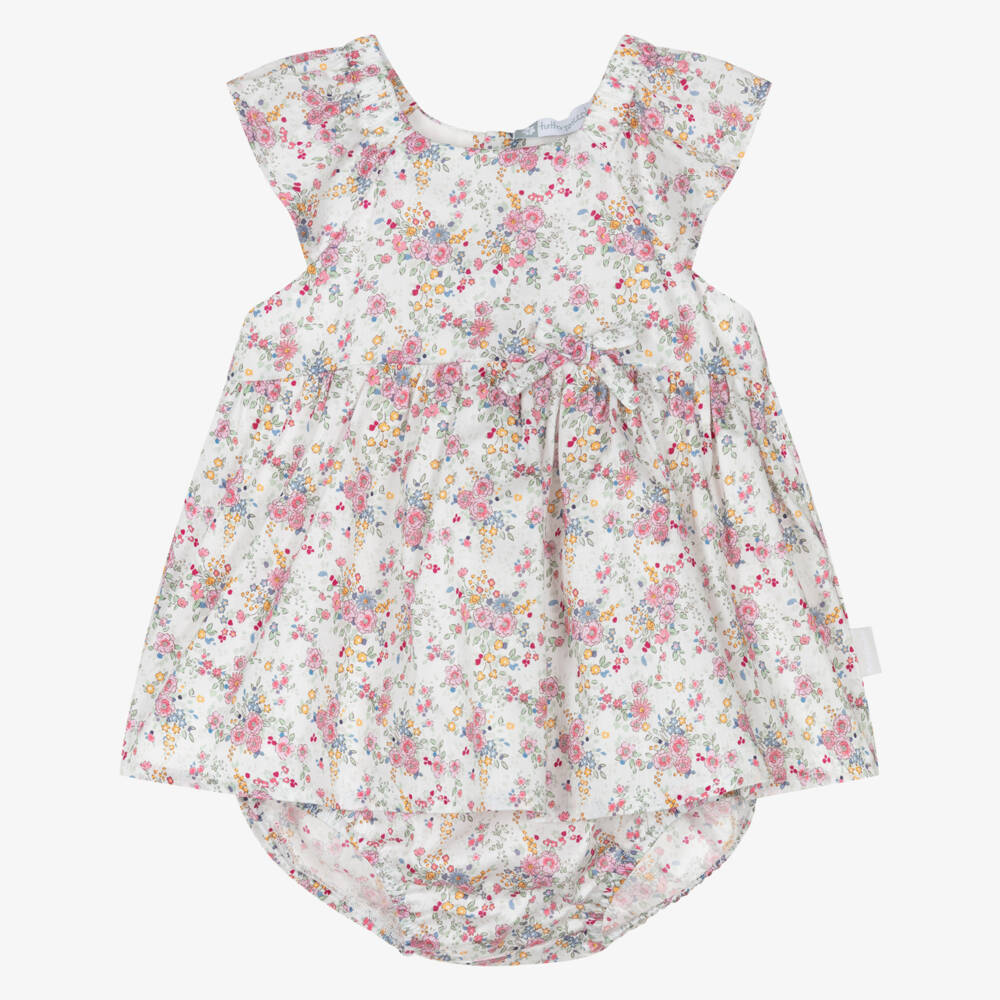 Tutto Piccolo-Girls White & Pink Floral Cotton Dress  | Childrensalon