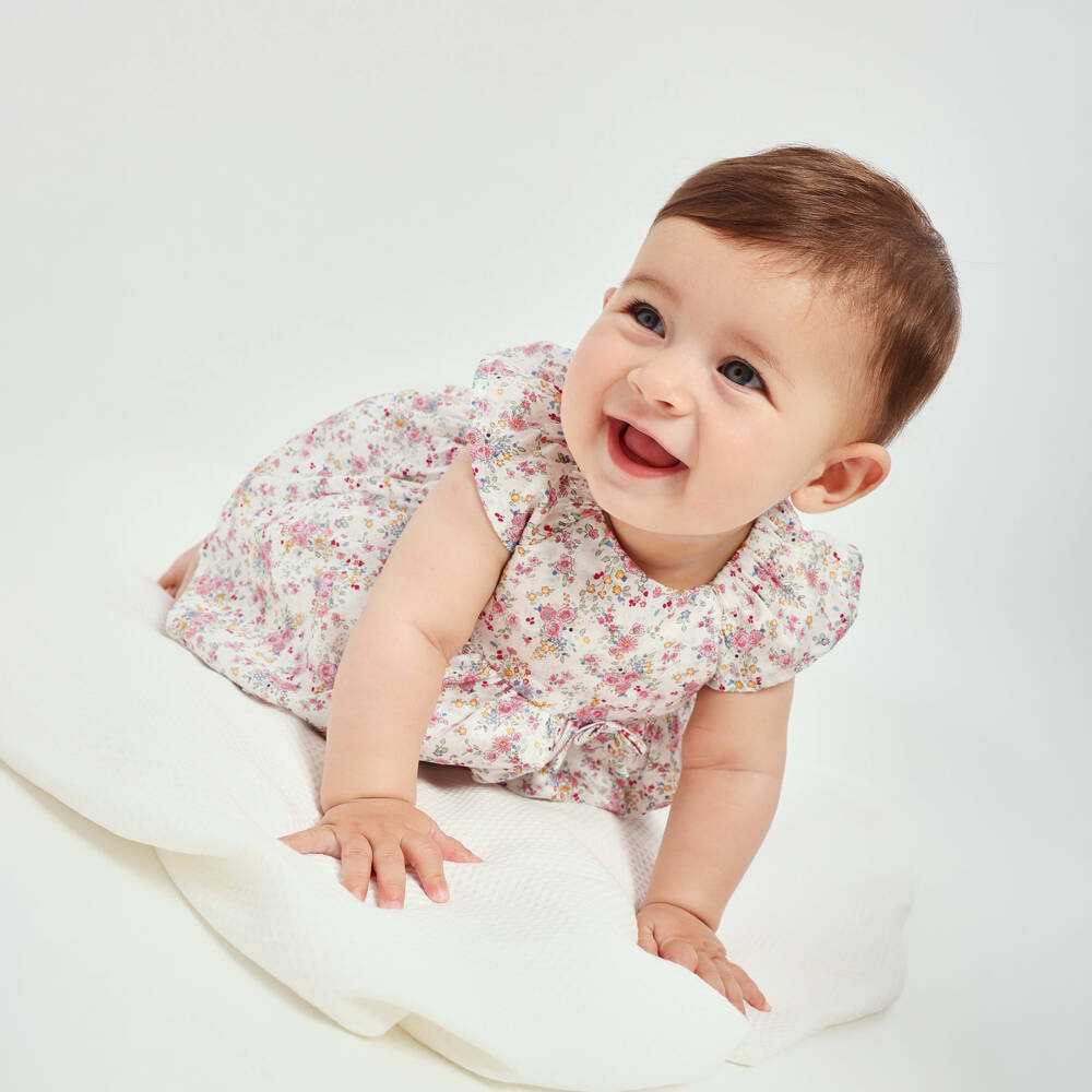 Tutto Piccolo-Girls White & Pink Floral Cotton Dress | Childrensalon