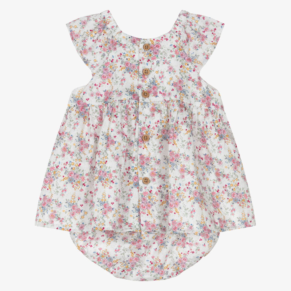 Tutto Piccolo-Girls White & Pink Floral Cotton Dress | Childrensalon