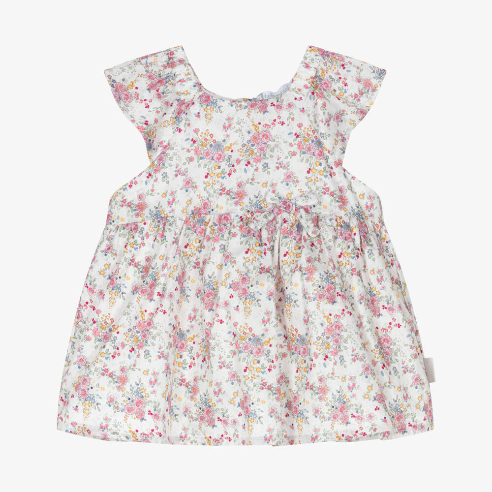 Tutto Piccolo-Girls White & Pink Floral Cotton Dress | Childrensalon