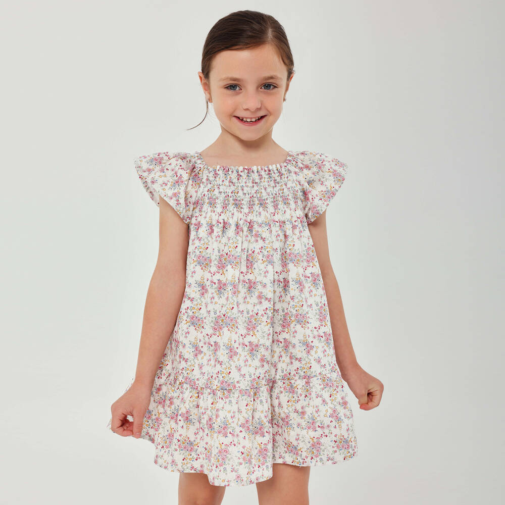 Tutto Piccolo-Платье бело-розовое цветочное хлопковое с присборенным лифом для девочек | Childrensalon