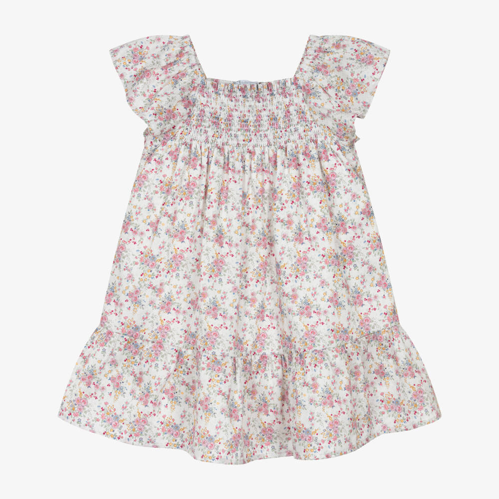 Tutto Piccolo-Girls White & Pink Floral Cotton Dress with Shirred Bodice | Childrensalon
