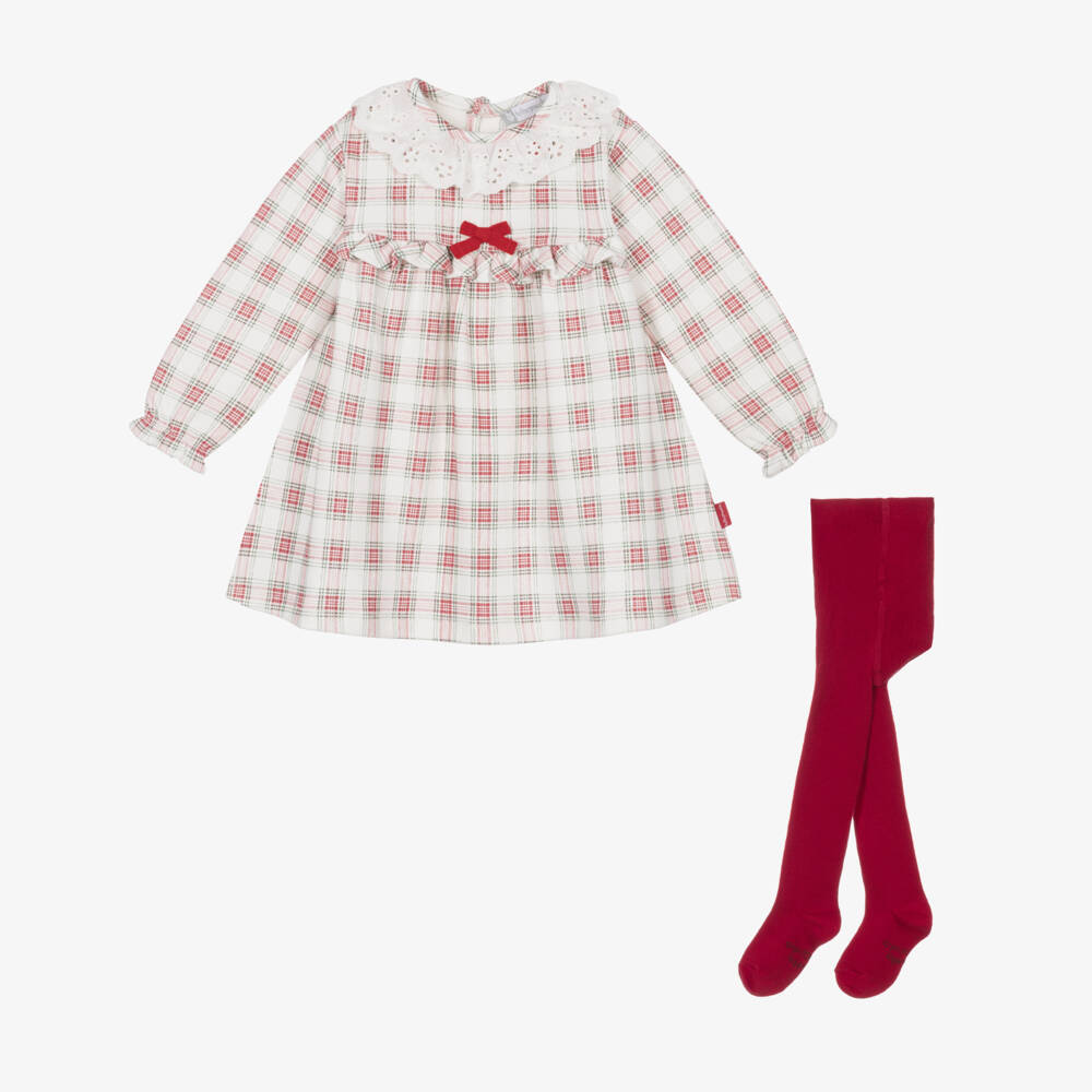Tutto Piccolo-Girls White & Red Check Cotton Jersey Dress Set | Childrensalon