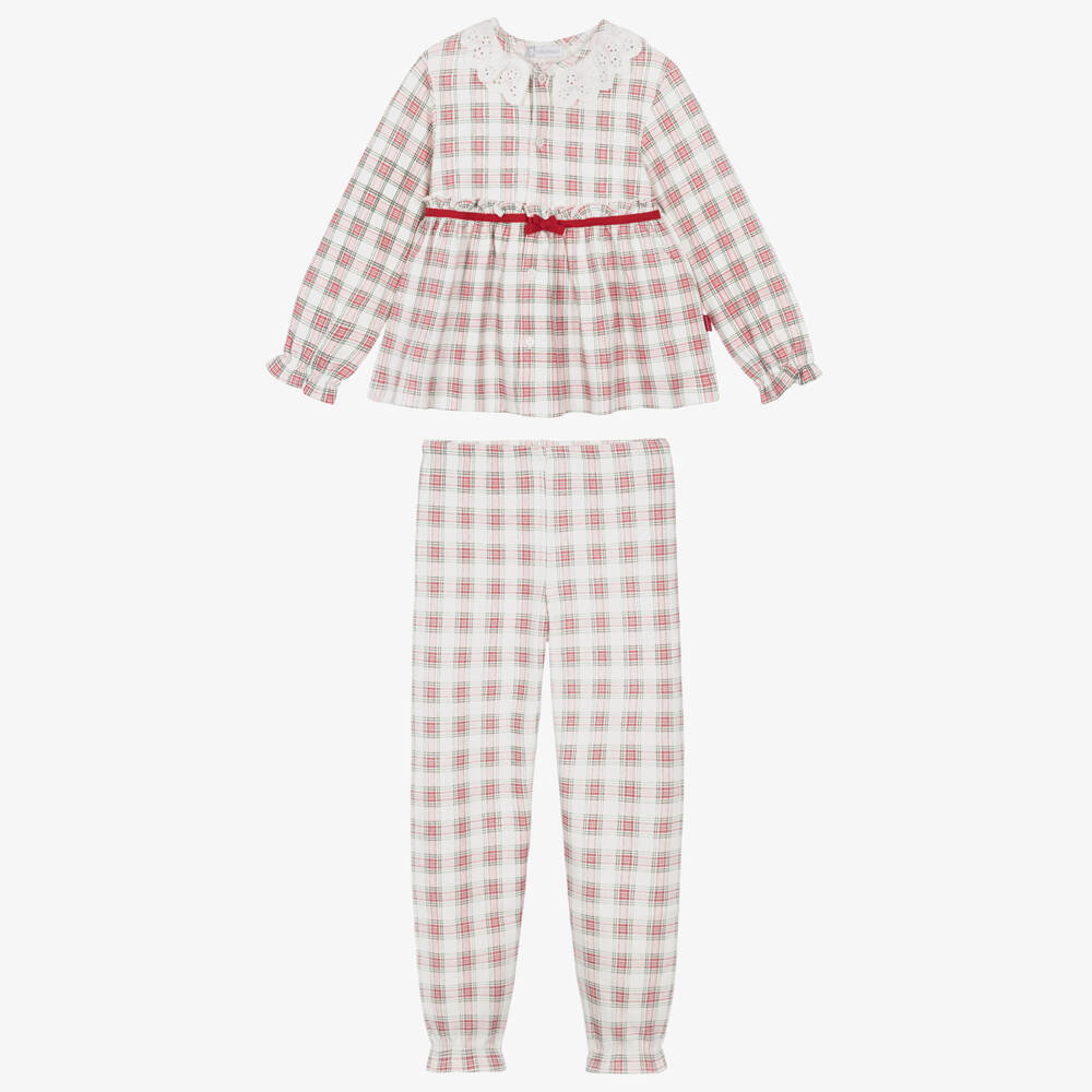 Tutto Piccolo-Girls White & Red Check Cotton Jersey Pyjamas | Childrensalon